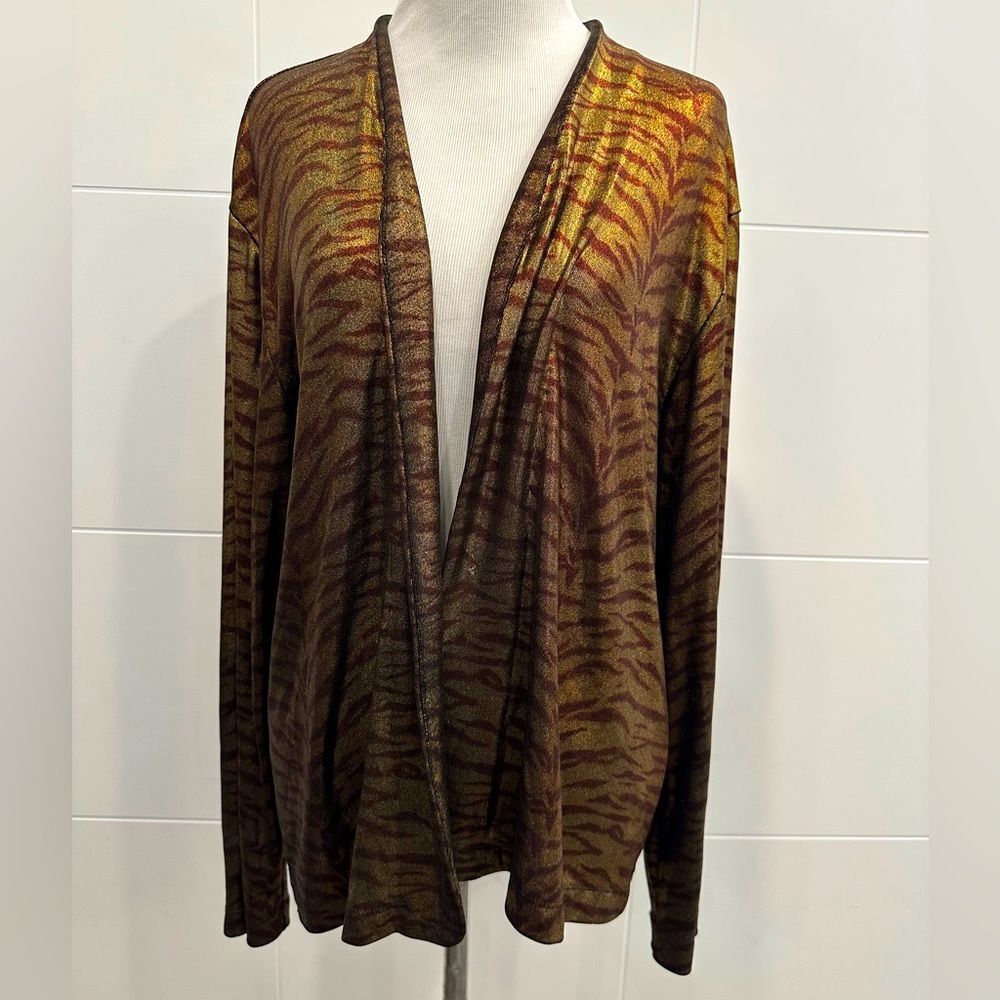 Chico’s XL Brown and Gold Animal Print, stretchy, Cardigan